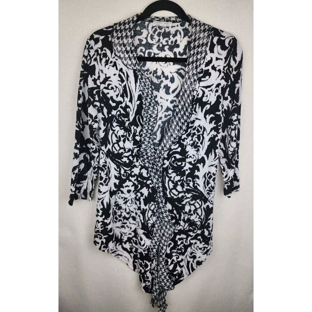 Alberto Makali Wrap Top Black White Ruffle Neck 3/4 Sleeve Lightweight Size L - Picture 2 of 7